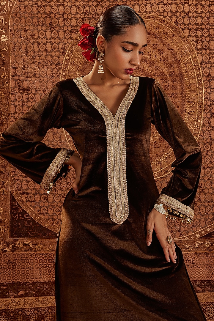 Brown Micro Velvet Lacework Kurta Set by Roze at Pernia's Pop Up Shop