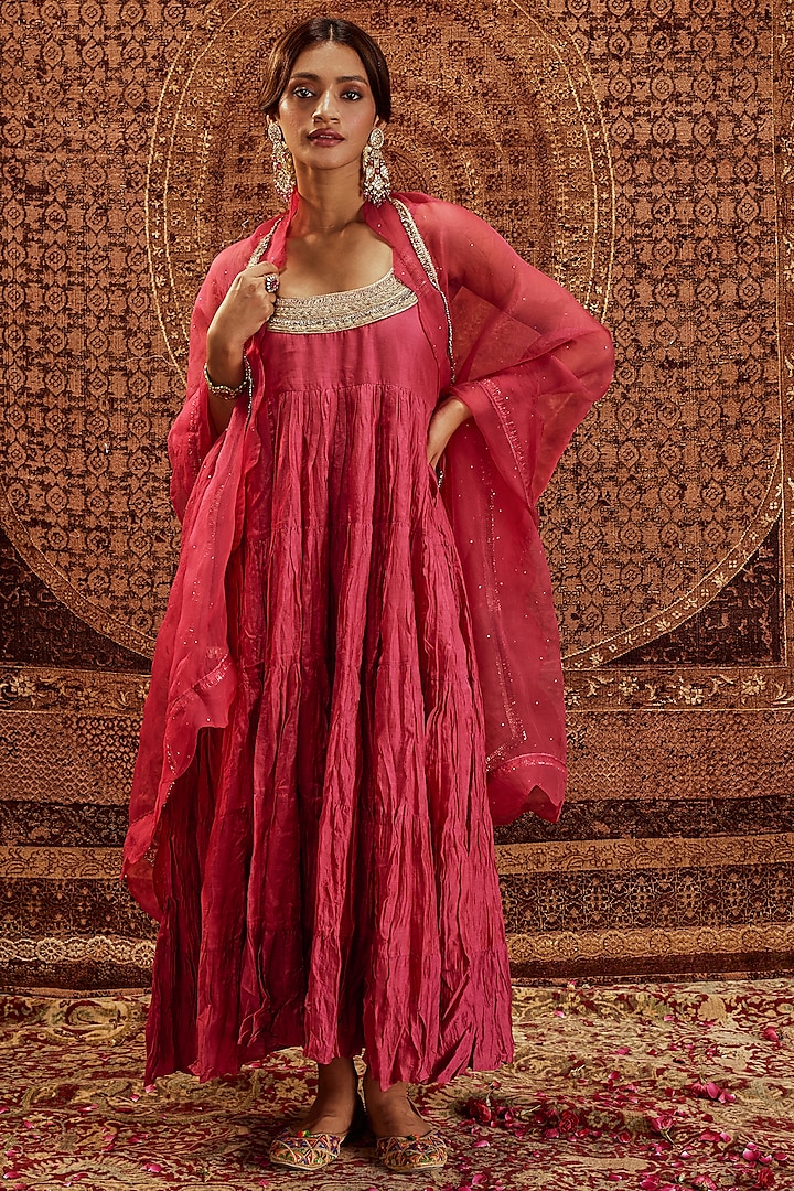 Pink Pure Chanderi Lacework Anarkali Set by Roze at Pernia's Pop Up Shop