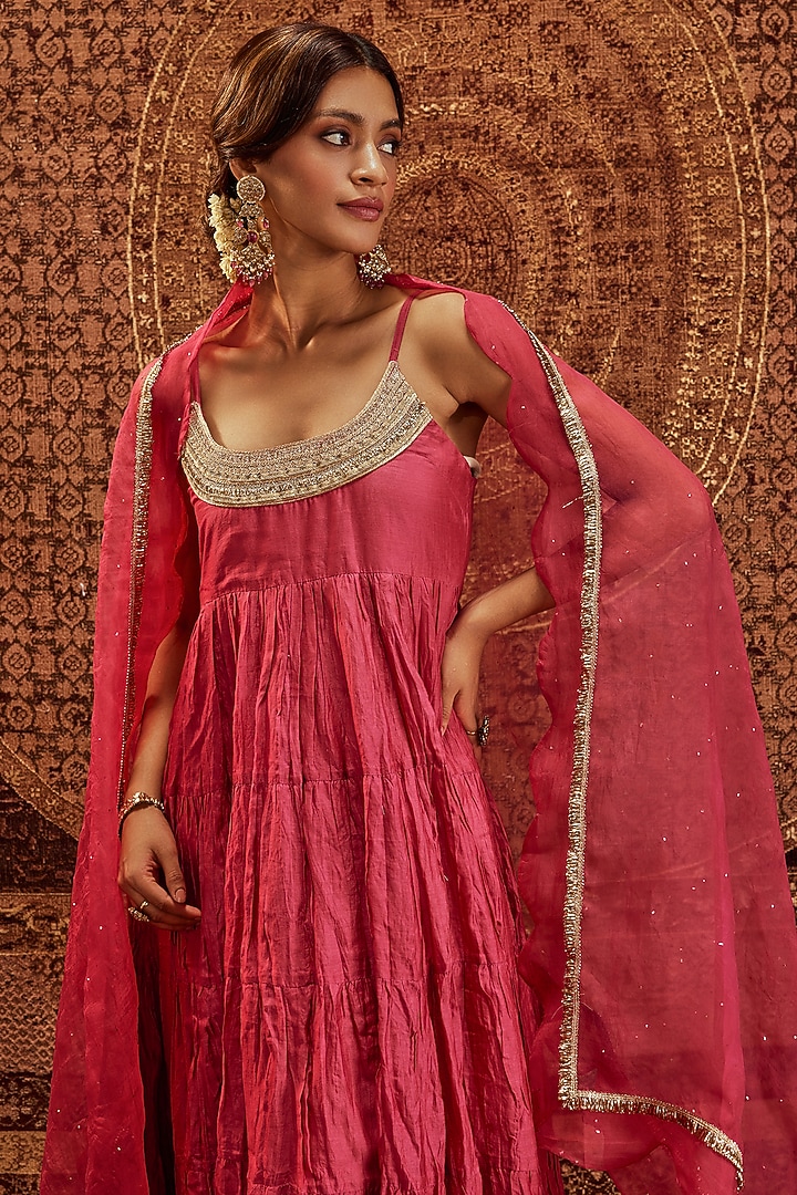 Pink Pure Chanderi Lacework Party Wear Anarkali Set by Roze at Pernia's Pop Up Shop