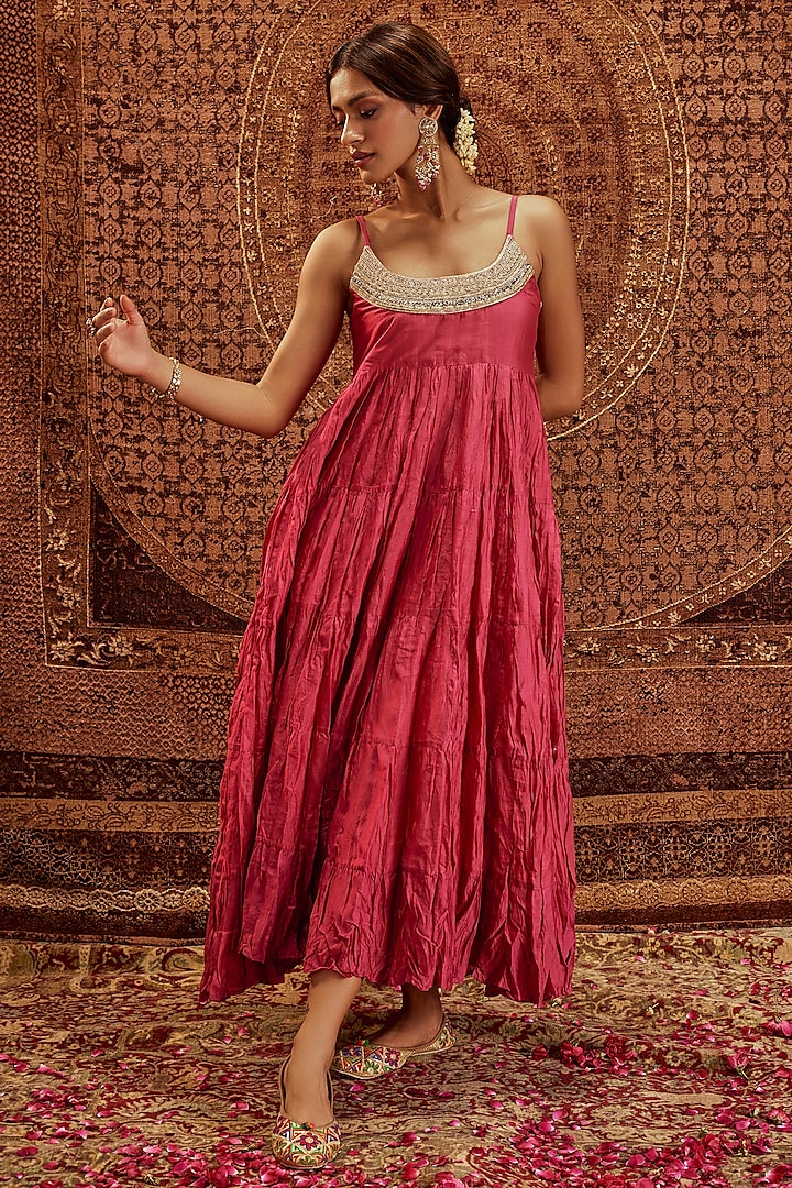 Pink Pure Chanderi Lacework Party Wear Anarkali Set by Roze at Pernia's Pop Up Shop