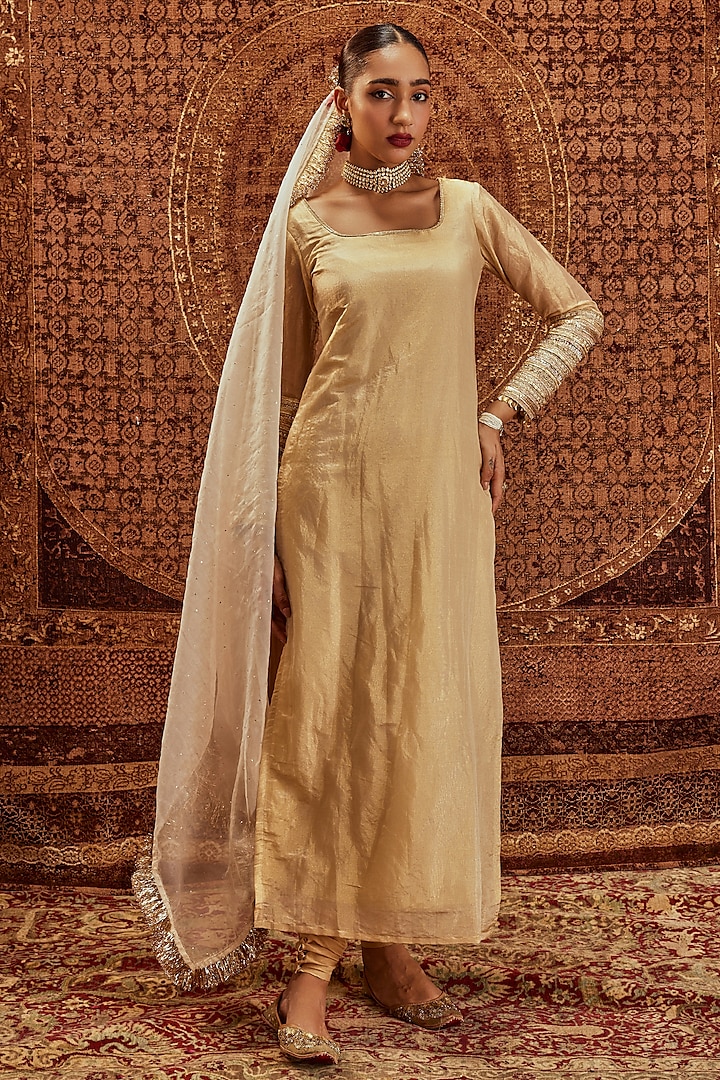 Golden Soft Tissue Kurta Set by Roze at Pernia's Pop Up Shop