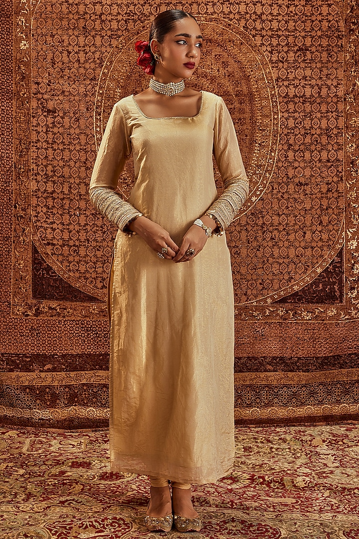 Golden Soft Tissue Kurta Set by Roze at Pernia's Pop Up Shop
