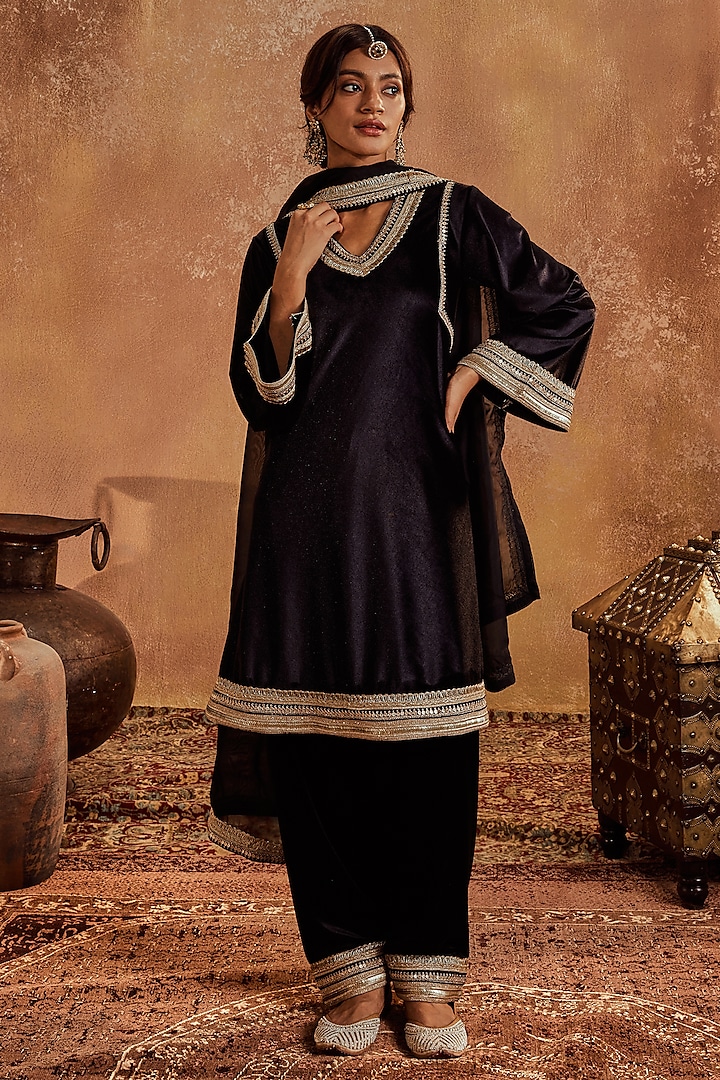 Black Lycra Velvet Lacework Kurta Set by Roze at Pernia's Pop Up Shop