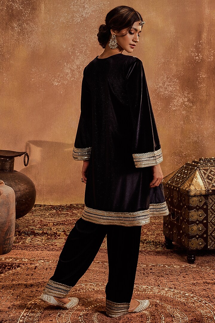 Black Lycra Velvet Lacework Kurta Set by Roze at Pernia's Pop Up Shop