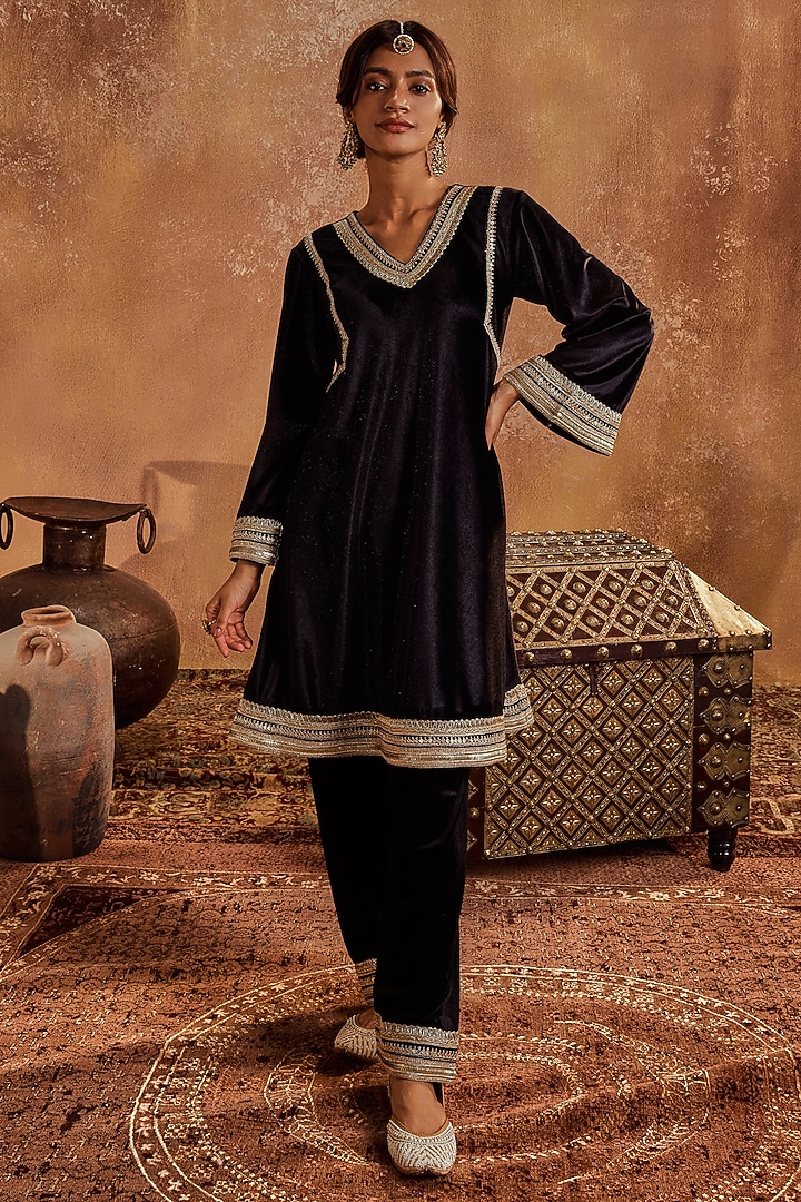 Black Lycra Velvet Lacework Kurta Set by Roze at Pernia's Pop Up Shop