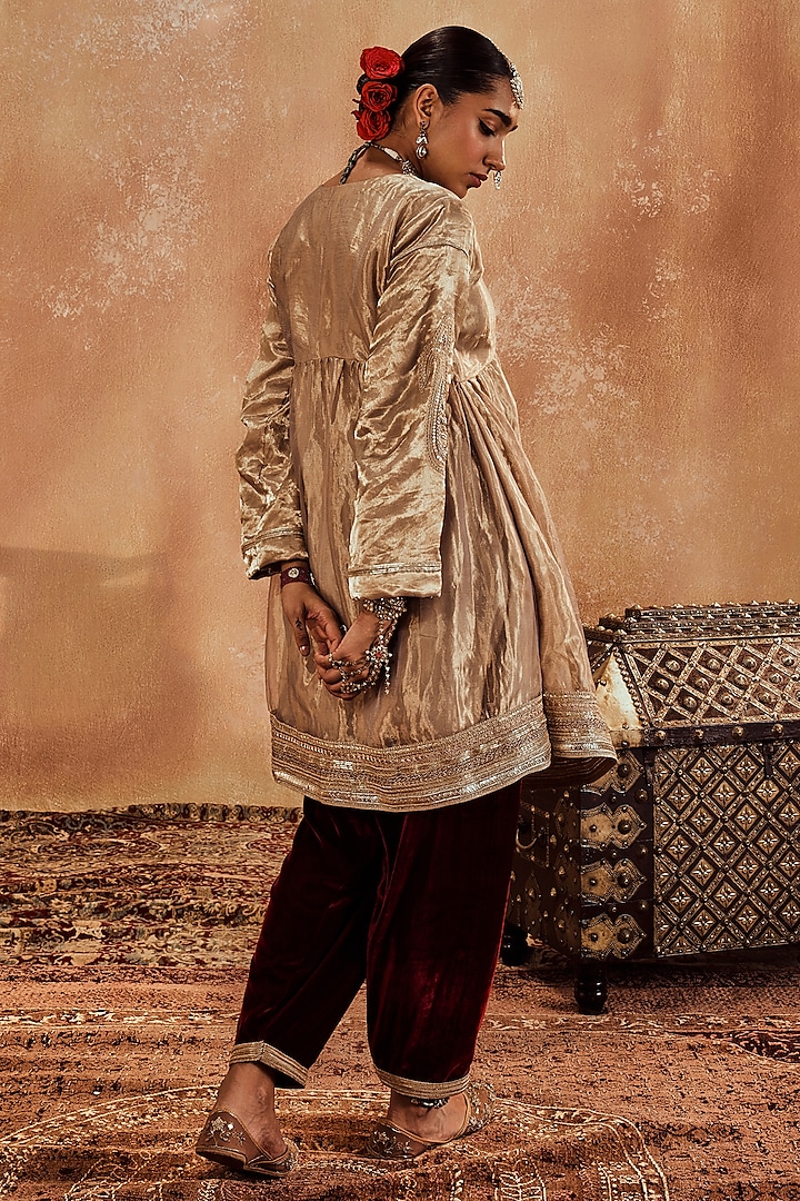 Golden Tissue Organza Lace Embroidered Kurta Set by Roze at Pernia's Pop Up Shop