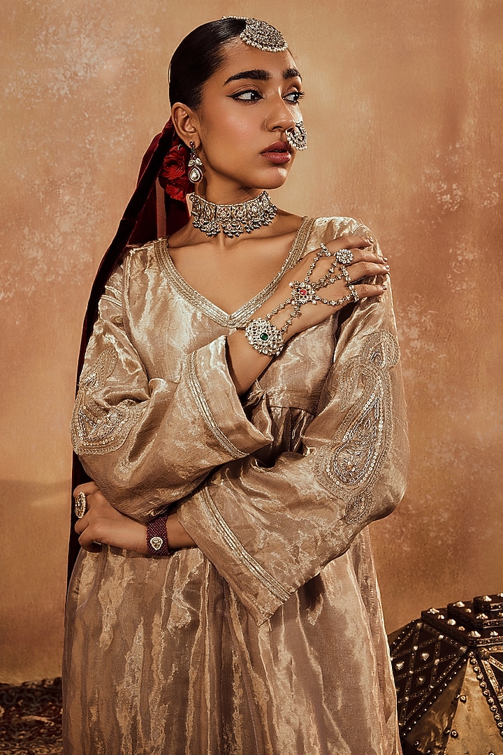 Golden Tissue Organza Lace Embroidered Kurta Set by Roze at Pernia's Pop Up Shop