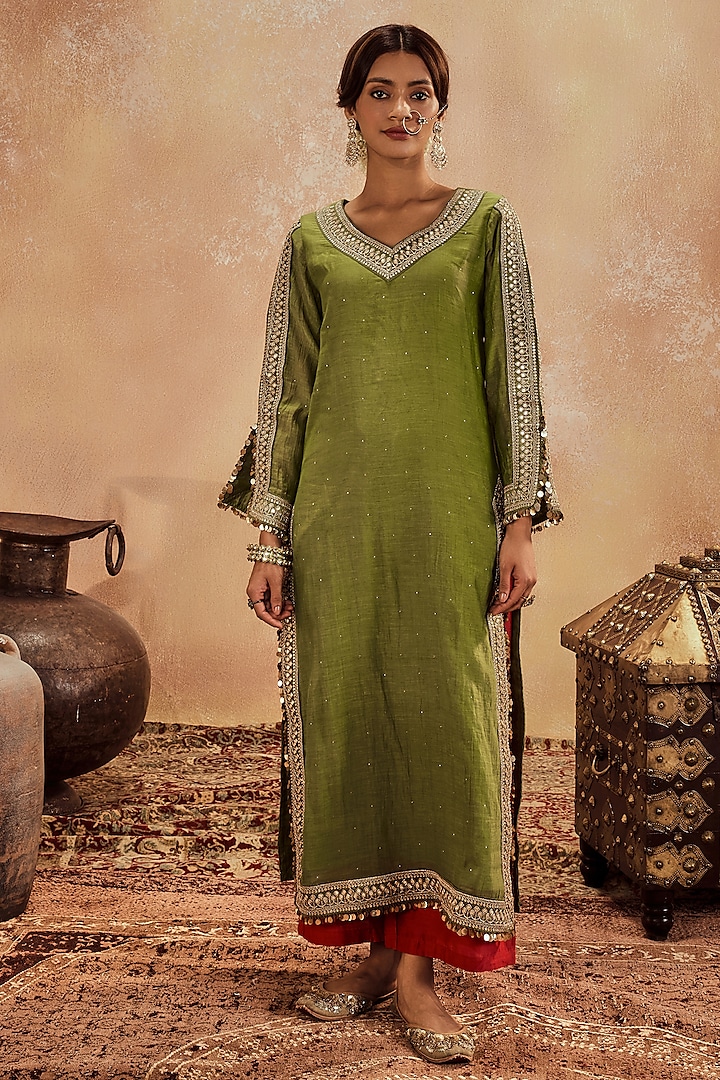 Green Muskaish Chanderi Kurta Set by Roze at Pernia's Pop Up Shop