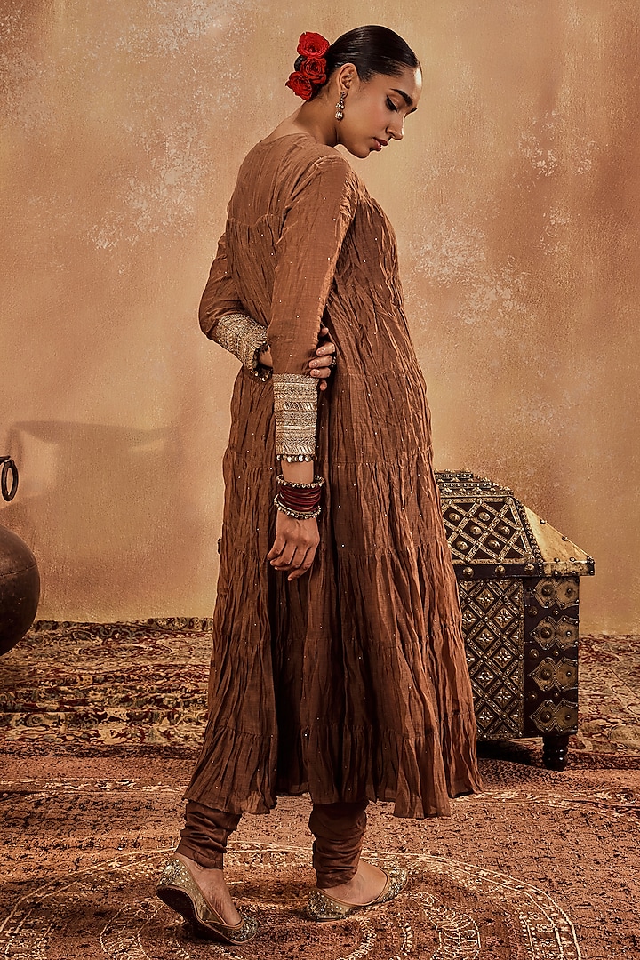 Brown Crushed Chanderi Mukaish Work Party Wear Anarkali Set by Roze at Pernia's Pop Up Shop