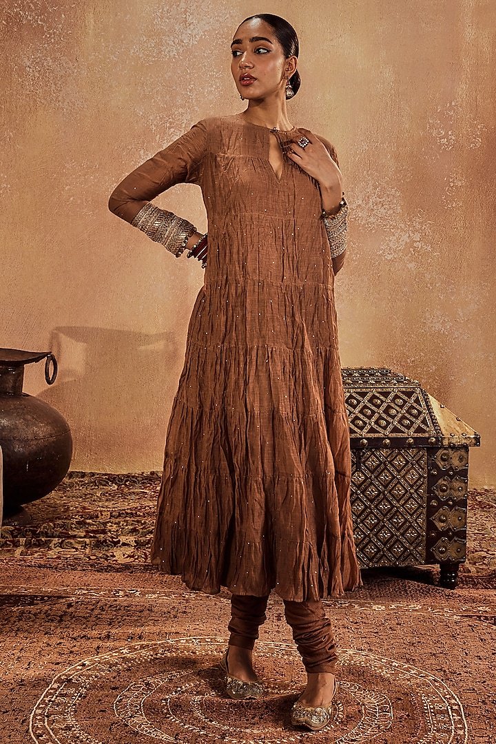Brown Crushed Chanderi Mukaish Work Party Wear Anarkali Set by Roze at Pernia's Pop Up Shop