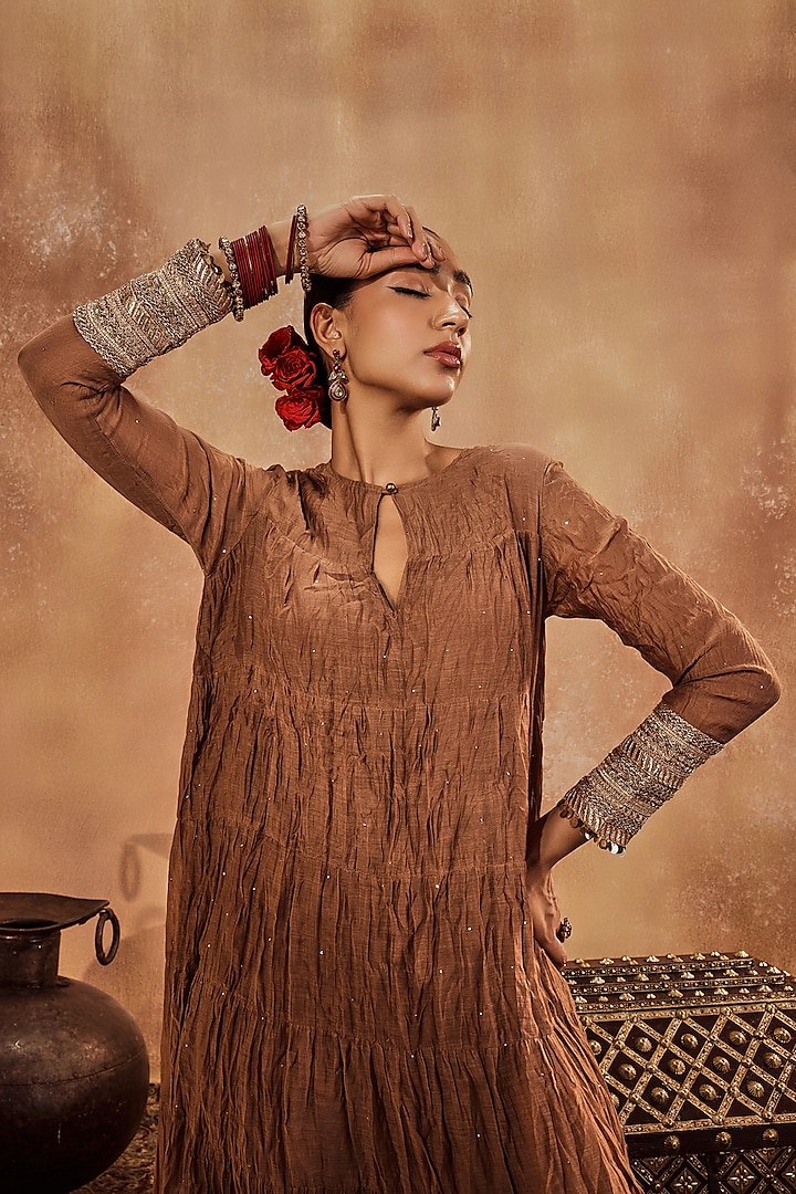 Brown Crushed Chanderi Mukaish Work Party Wear Anarkali Set by Roze at Pernia's Pop Up Shop