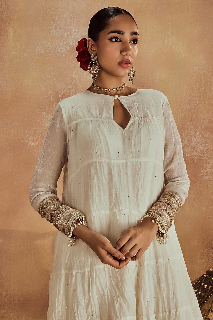 White Crushed Chanderi Mukaish Work Party Wear Anarkali Set by Roze at Pernia's Pop Up Shop