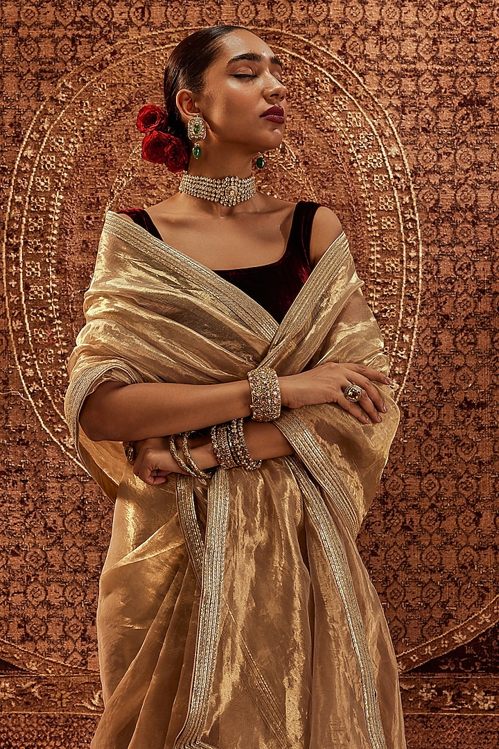 Golden Organza Tissue Party Wear Saree Set by Roze at Pernia's Pop Up Shop