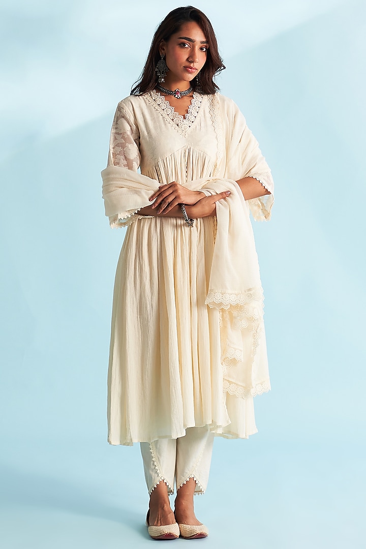 Cream Crushed Cotton Anarkali Set by Roze at Pernia's Pop Up Shop