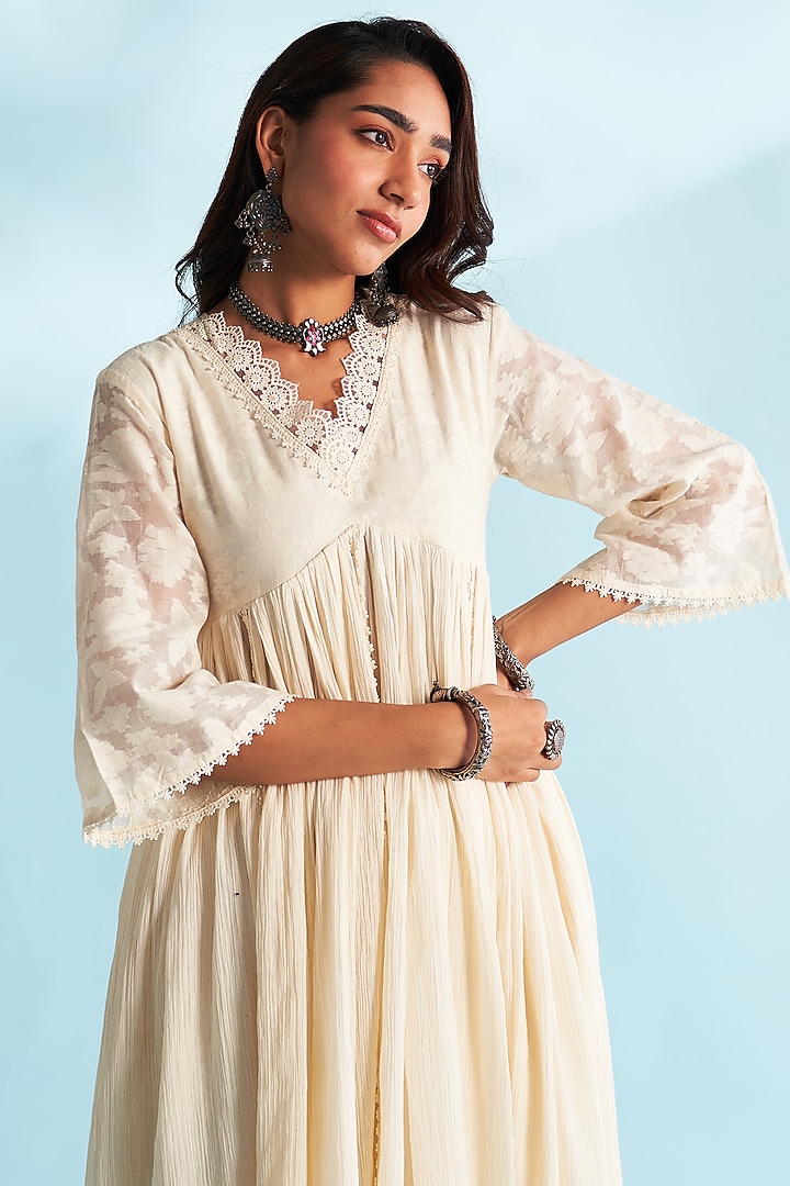 Cream Crushed Cotton Anarkali Set by Roze at Pernia's Pop Up Shop