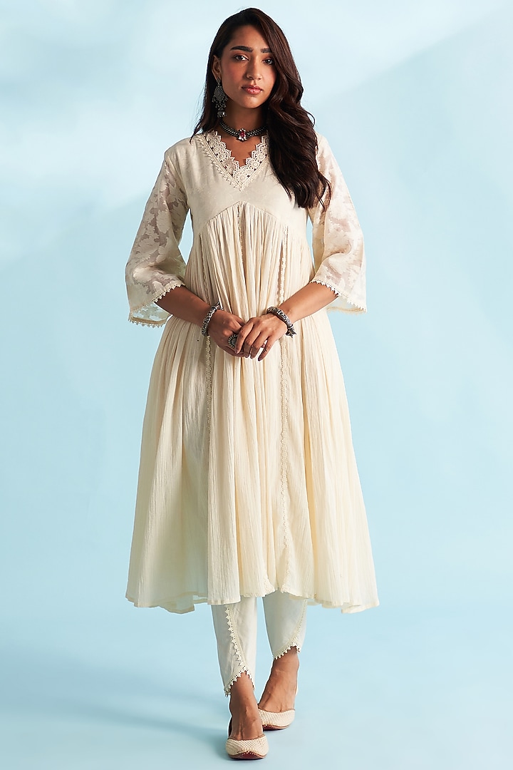 Cream Crushed Cotton Anarkali Set by Roze at Pernia's Pop Up Shop