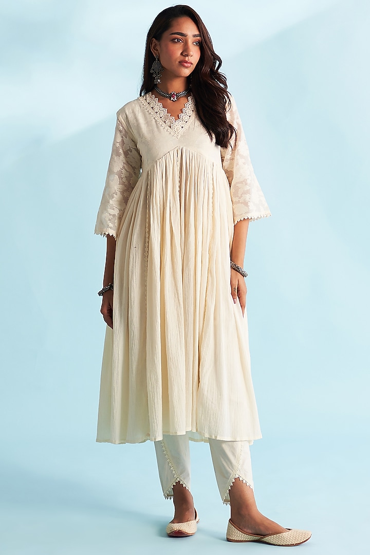 Cream Crushed Cotton Anarkali Set by Roze at Pernia's Pop Up Shop