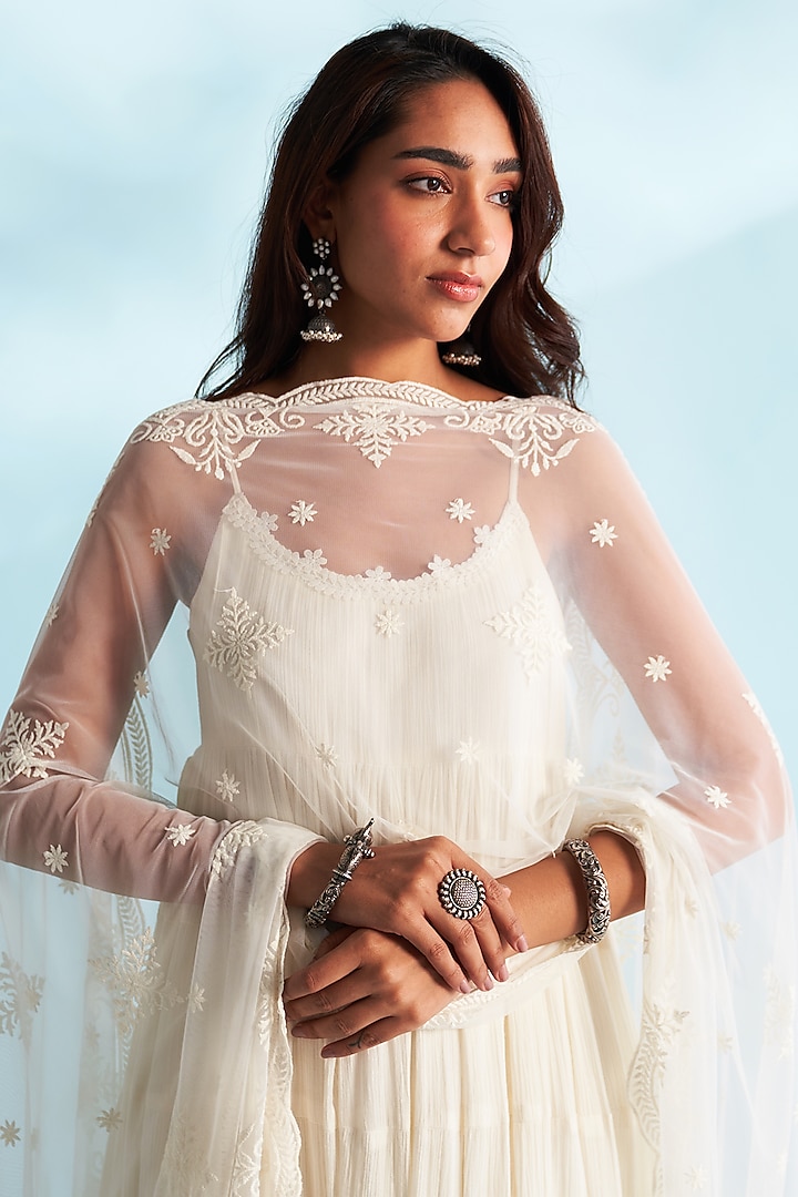 Ivory Crushed Cotton Lacework Layered Party Wear Anarkali Set by Roze at Pernia's Pop Up Shop