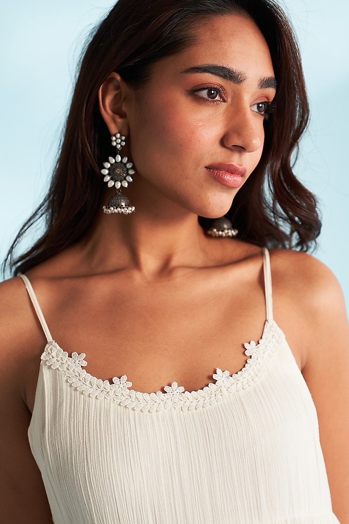 Ivory Crushed Cotton Lacework Layered Party Wear Anarkali Set by Roze at Pernia's Pop Up Shop
