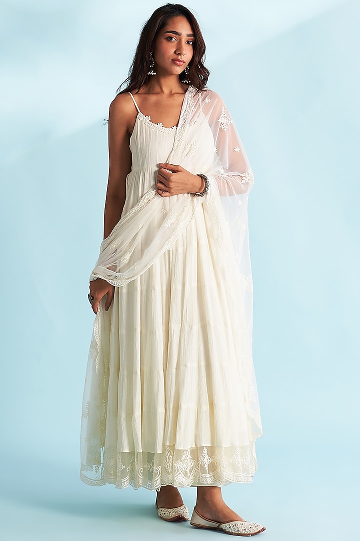 Ivory Crushed Cotton Lacework Layered Party Wear Anarkali Set by Roze at Pernia's Pop Up Shop