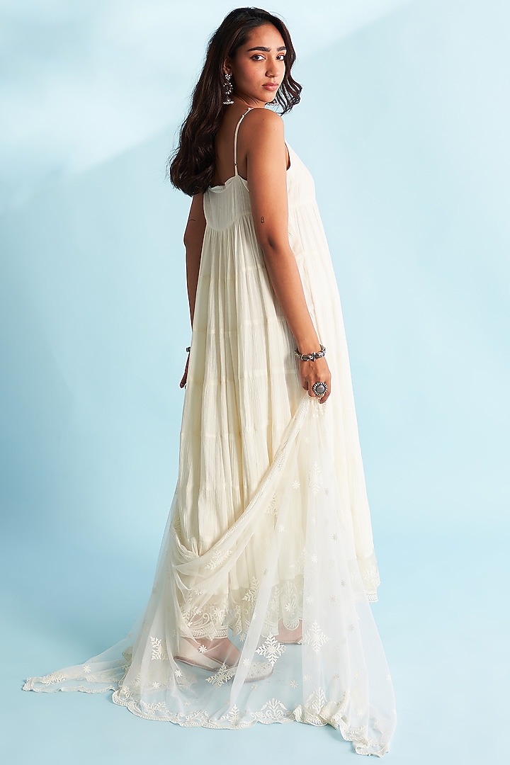 Ivory Crushed Cotton Lacework Layered Party Wear Anarkali Set by Roze at Pernia's Pop Up Shop