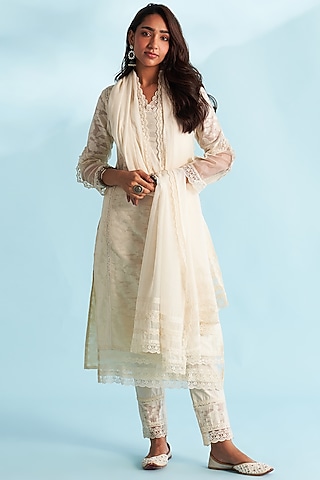 Cream Jacquard Cotton Straight-Cut Kurta Set by Roze