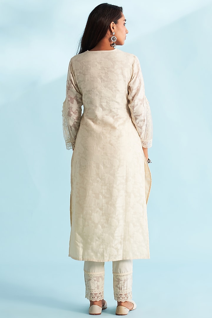 Cream Jacquard Cotton Straight-Cut Kurta Set by Roze at Pernia's Pop Up Shop
