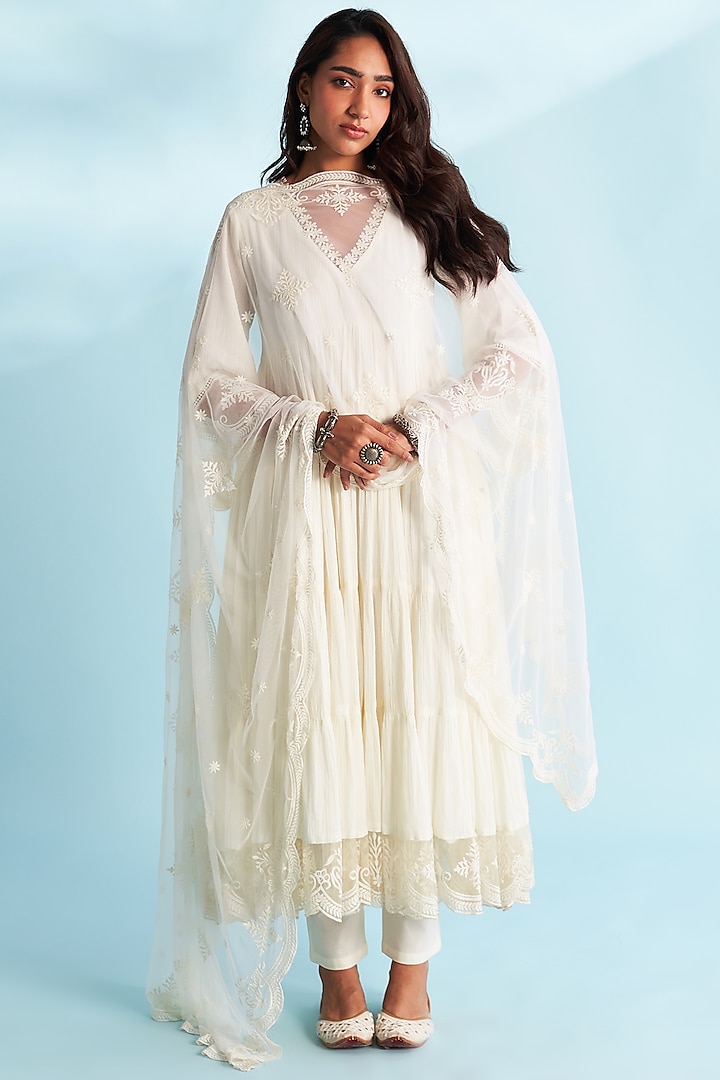 Ivory Crushed Cotton Lacework Layered Anarkali Set by Roze at Pernia's Pop Up Shop