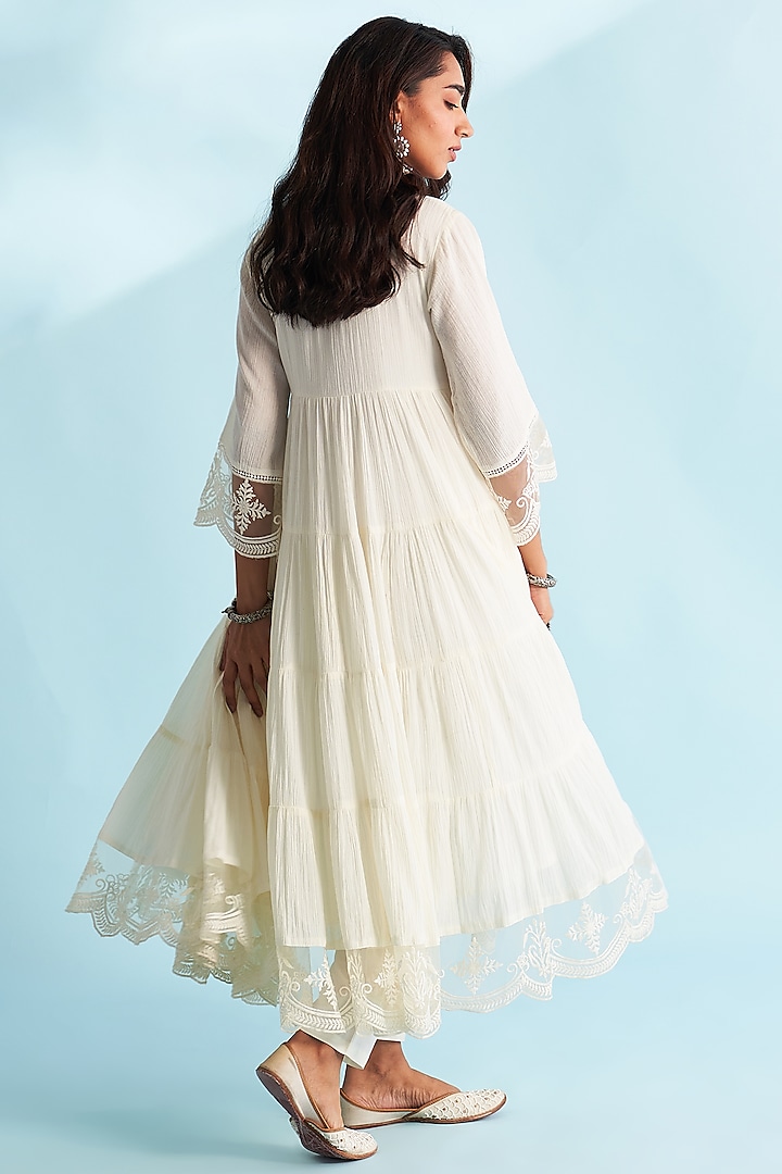 Ivory Crushed Cotton Lacework Layered Party Wear Anarkali Set by Roze at Pernia's Pop Up Shop