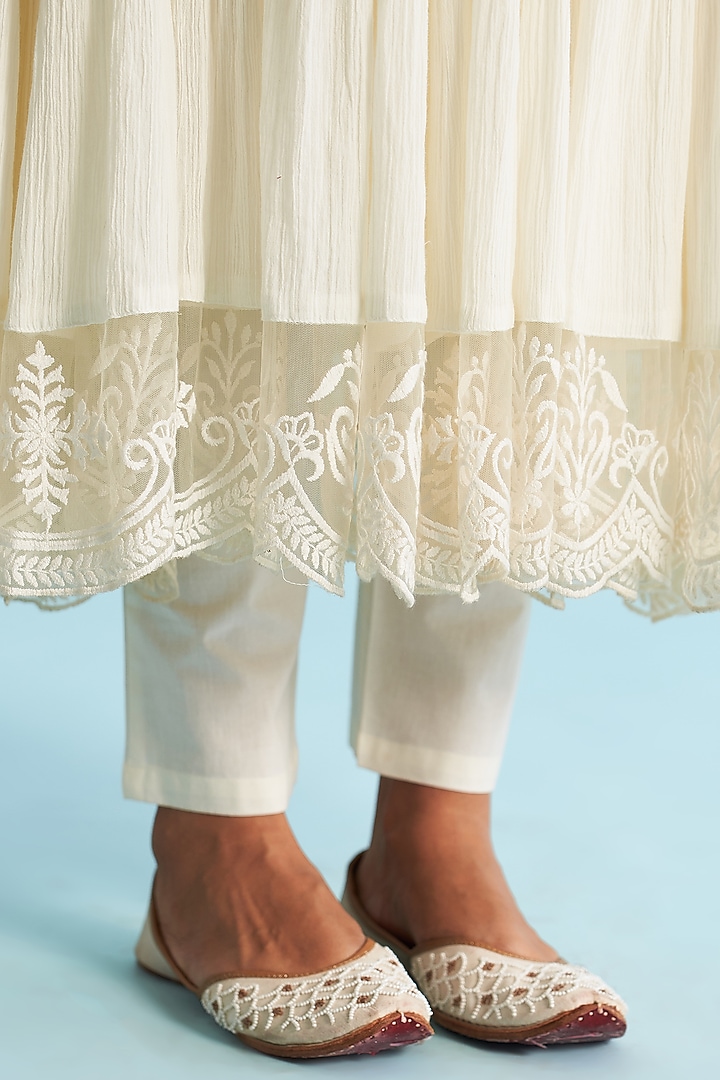 Ivory Crushed Cotton Lacework Layered Party Wear Anarkali Set by Roze at Pernia's Pop Up Shop