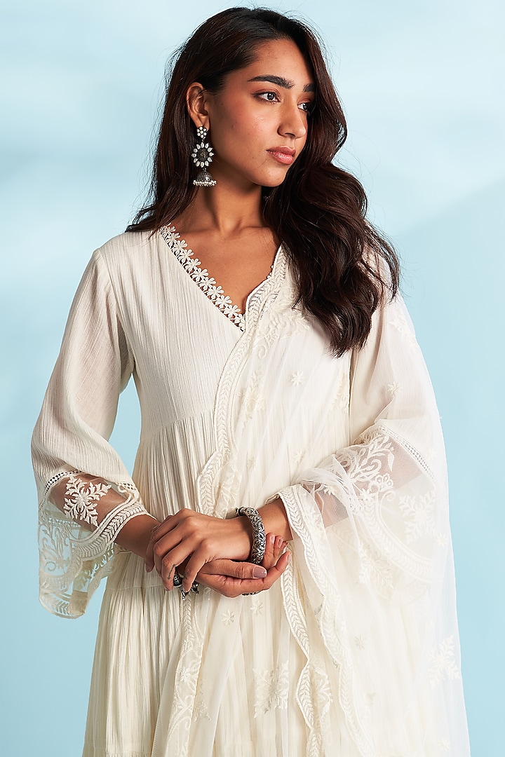 Ivory Crushed Cotton Lacework Layered Party Wear Anarkali Set by Roze at Pernia's Pop Up Shop