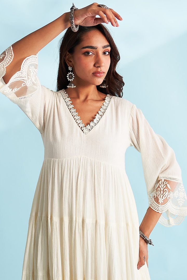 Ivory Crushed Cotton Lacework Layered Party Wear Anarkali Set by Roze at Pernia's Pop Up Shop