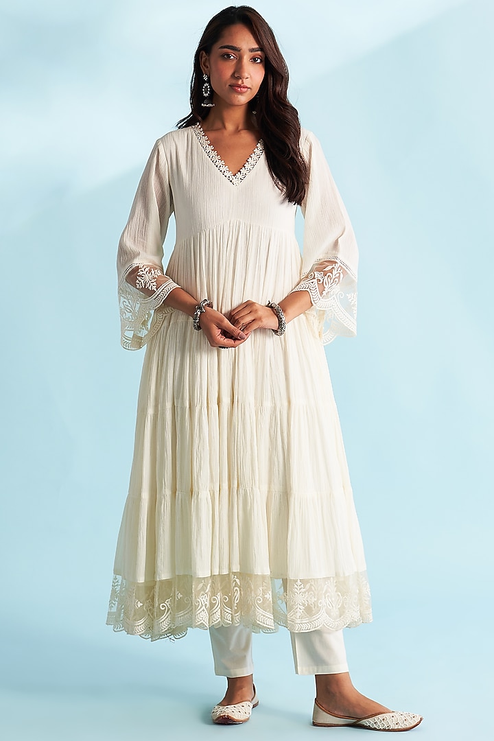 Ivory Crushed Cotton Lacework Layered Party Wear Anarkali Set by Roze at Pernia's Pop Up Shop