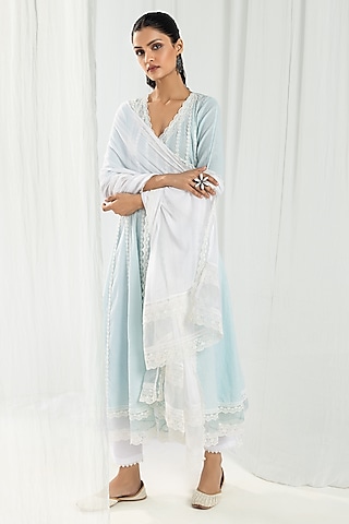 Blue Cotton Kantha Handcrafted Kurta Set by Roze
