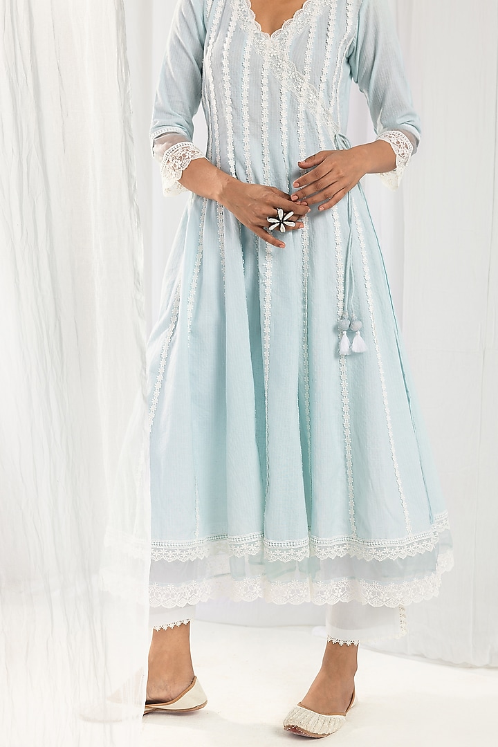 Blue Cotton Kantha Handcrafted Kurta Set by Roze at Pernia's Pop Up Shop