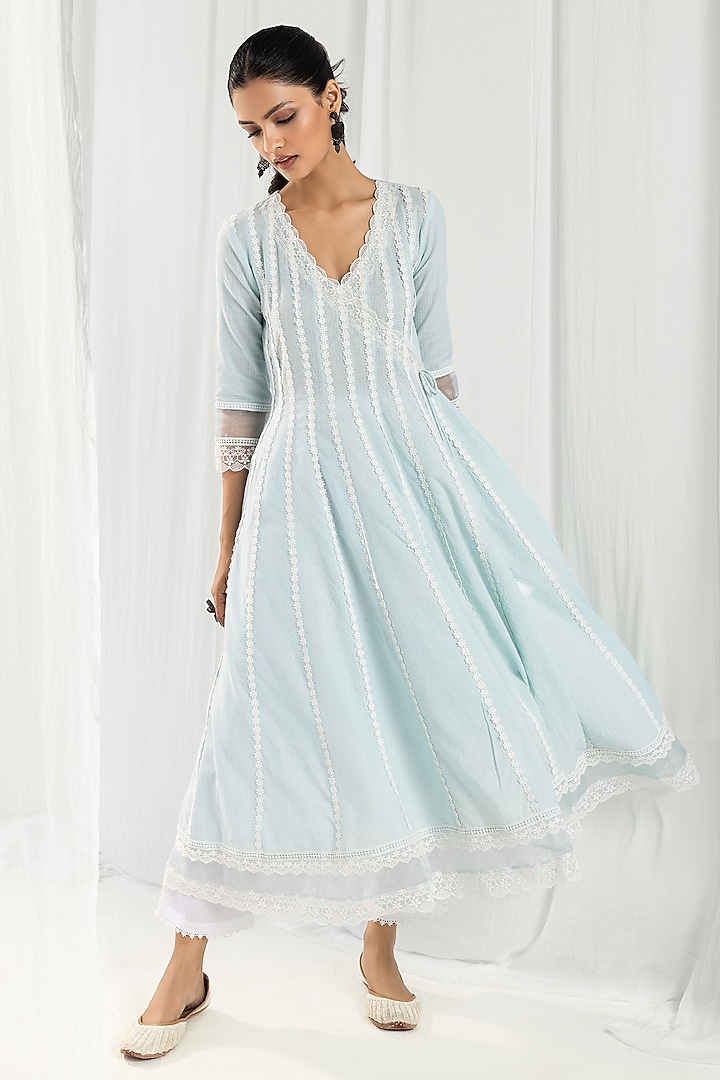 Blue Cotton Kantha Handcrafted Kurta Set by Roze at Pernia's Pop Up Shop