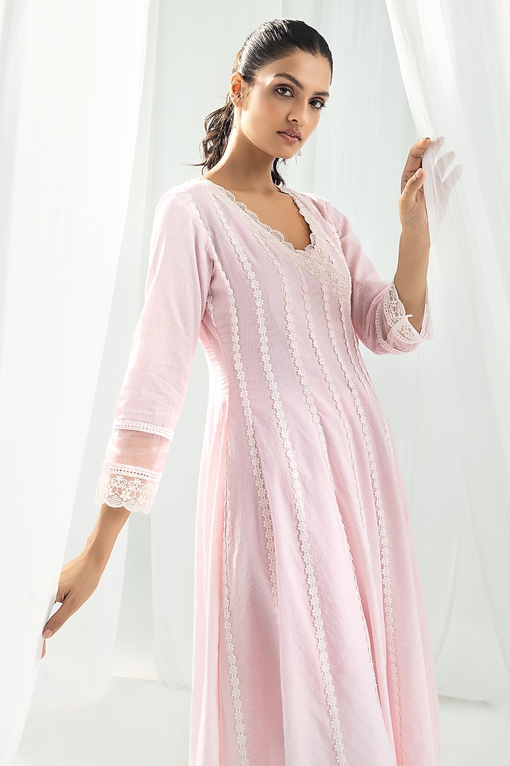 Pink Cotton Kantha Handcrafted Kurta Set by Roze at Pernia's Pop Up Shop