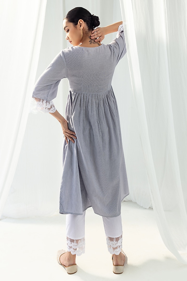 Purple Cotton Kantha A-Line Pleated Kurta Set by Roze at Pernia's Pop Up Shop