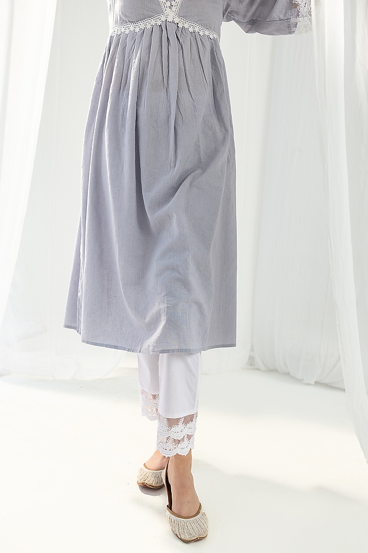 Purple Cotton Kantha A-Line Pleated Kurta Set by Roze at Pernia's Pop Up Shop