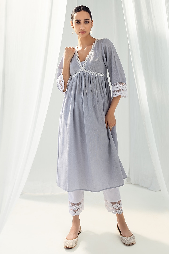 Purple Cotton Kantha A-Line Pleated Kurta Set by Roze at Pernia's Pop Up Shop