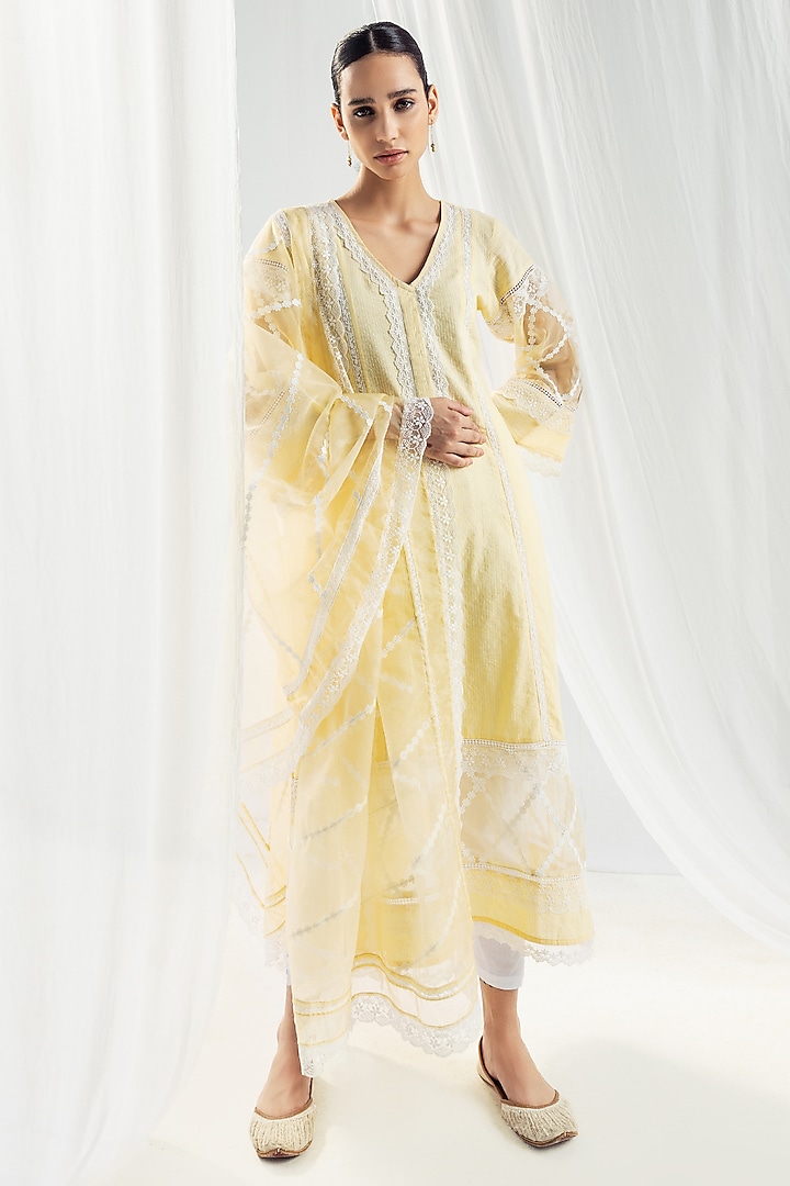 Yellow Cotton Kantha Handcrafted Kurta Set by Roze at Pernia's Pop Up Shop