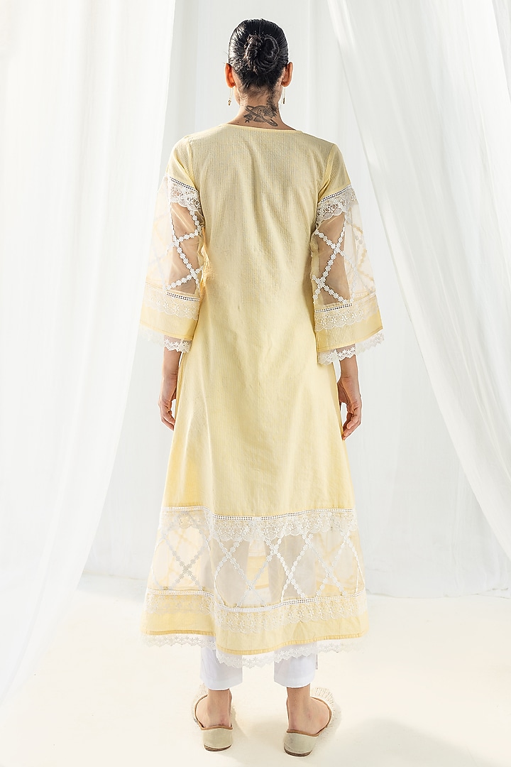 Yellow Cotton Kantha Handcrafted Kurta Set by Roze at Pernia's Pop Up Shop
