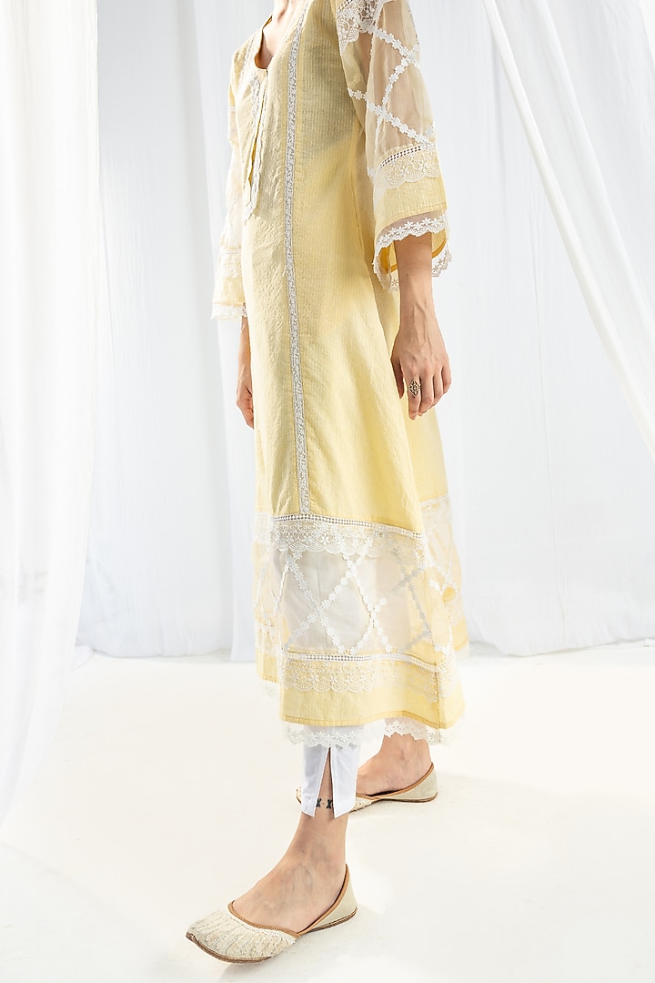 Yellow Cotton Kantha Handcrafted Kurta Set by Roze at Pernia's Pop Up Shop