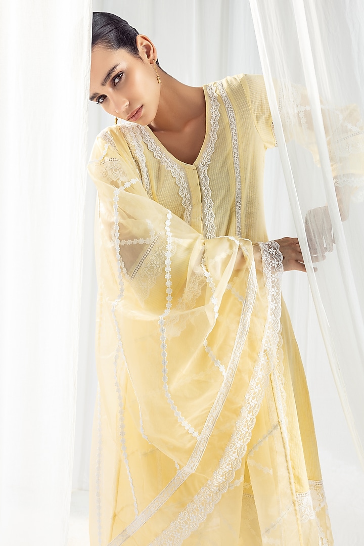 Yellow Cotton Kantha Handcrafted Kurta Set by Roze at Pernia's Pop Up Shop