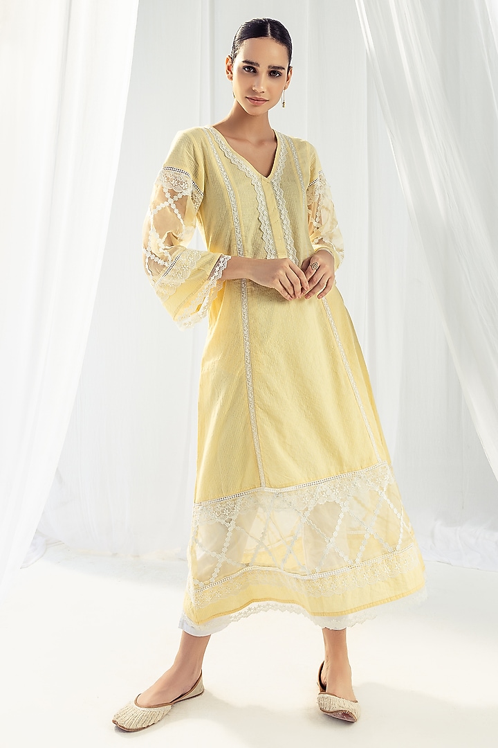 Yellow Cotton Kantha Handcrafted Kurta Set by Roze at Pernia's Pop Up Shop