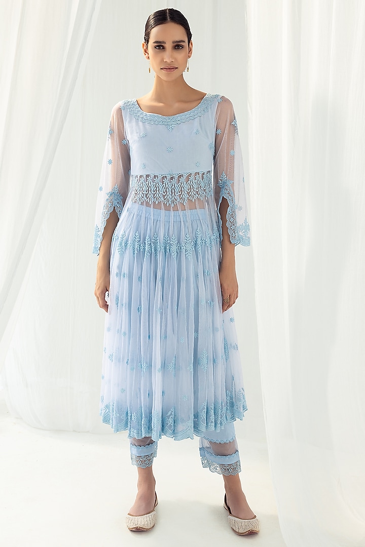 Blue Soft Net Kurta Set by Roze at Pernia's Pop Up Shop