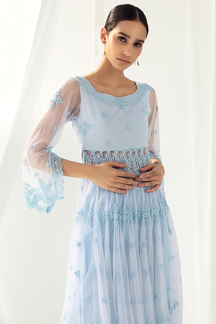 Blue Soft Net Kurta Set by Roze at Pernia's Pop Up Shop