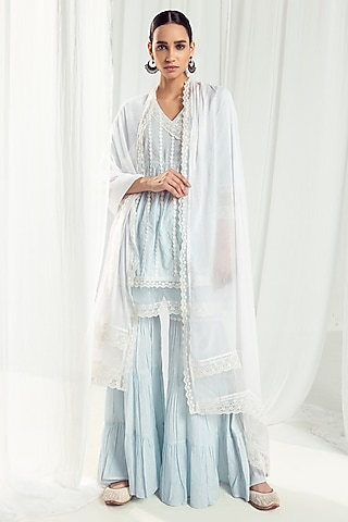 Blue Cotton Kantha Handcrafted Kurta Set by Roze