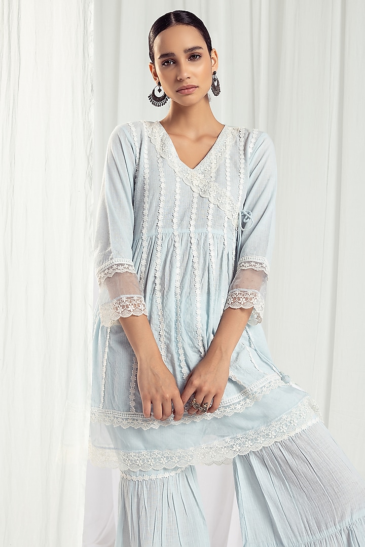 Blue Cotton Kantha Handcrafted Kurta Set by Roze at Pernia's Pop Up Shop