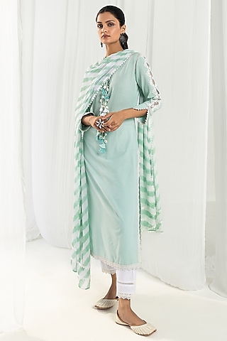 Blue Cotton Kantha Handcrafted Straight Kurta Set by Roze